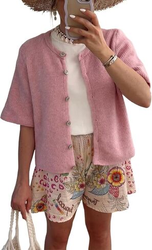 yoeasy Women's Lightweight Button Up Casual Cardigan Short Sleeve Ribbed Knit Cropped Sweater Knitwear Outwear in Saudi Arabia