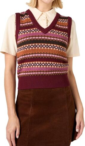 Women Vintage Sweater Vest Boho Argyle Plaid Pattern Knitted Vest Pullover Y2k Preppy V Neck Sleeveless Sweater Tops in Kuwait