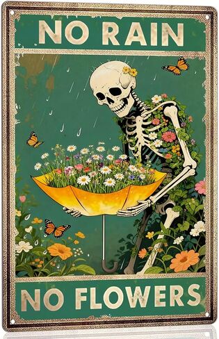 Retro Garden Metal Signs Vintage Skull Poster - No Rain No Flowers Sign, Floral Skull & Umbrella Wall Art Decor for Home, Garden, Bedroom, Living Room 8x12 Inch in Saudi Arabia