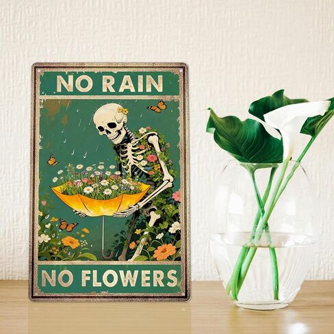 Retro Garden Metal Signs Vintage Skull Poster - No Rain No Flowers Sign, Floral Skull & Umbrella Wall Art Decor for Home, Garden, Bedroom, Living Room 8x12 Inch in Saudi Arabia