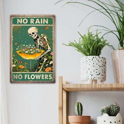 Retro Garden Metal Signs Vintage Skull Poster - No Rain No Flowers Sign, Floral Skull & Umbrella Wall Art Decor for Home, Garden, Bedroom, Living Room 8x12 Inch in Saudi Arabia
