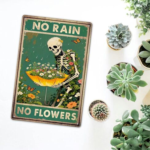 Retro Garden Metal Signs Vintage Skull Poster - No Rain No Flowers Sign, Floral Skull & Umbrella Wall Art Decor for Home, Garden, Bedroom, Living Room 8x12 Inch in Saudi Arabia
