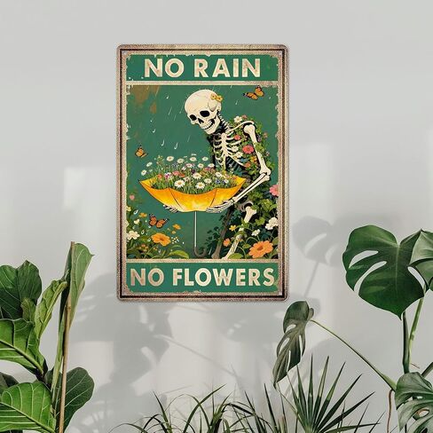 Retro Garden Metal Signs Vintage Skull Poster - No Rain No Flowers Sign, Floral Skull & Umbrella Wall Art Decor for Home, Garden, Bedroom, Living Room 8x12 Inch in Saudi Arabia