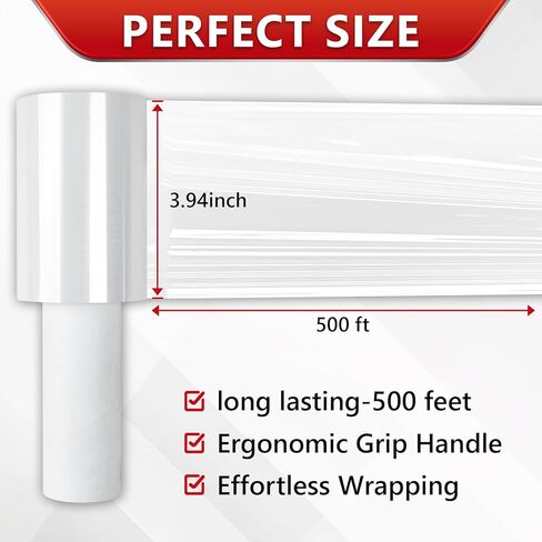 1 Pack Stretch Wrap Film with Handle, 3.94 Inch x 492 Ft Industrial Strength Hand Stretch Wrap, Heavy Duty Self Adhering Plastic Pallet Shrink Film for Packing Moving and Storage, Clear in Kuwait