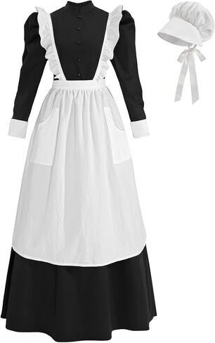 Nuoqi Womens Pioneer Dress Set Black Victorian Maid Costume 1800s Colonial Pilgrim Costume in Saudi Arabia