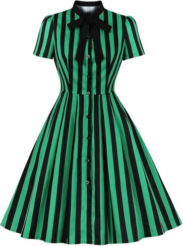 Wellwits Women's Tie Button up Stripes Halloween Costume Gothic Vintage Dress in Kuwait