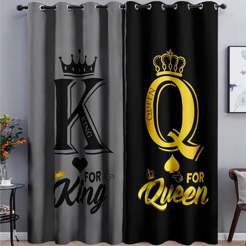 AILONEN Grey and Black Window Curtain,K and Q Crown Printed Drapes Gifts(2 Panels Set),King Queen Themed Minimalist Window Treatments Drapes for Bedroom Living Room 42" W x 63" H Home Decor in Kuwait