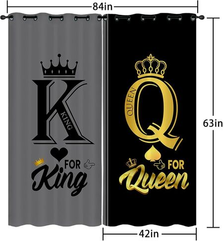 AILONEN Grey and Black Window Curtain,K and Q Crown Printed Drapes Gifts(2 Panels Set),King Queen Themed Minimalist Window Treatments Drapes for Bedroom Living Room 42" W x 63" H Home Decor in Kuwait
