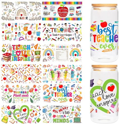 UV DTF Cup Wraps Transfer - 12 Sheets Boho UV DTF Sticker for 16 OZ Glass, Boho Rainbow, Daisy, Flower, Cow, Bee, Strawberry, Mushroom, Coffee Style, Gifts for Students, Tearcher, Friends in Saudi Arabia