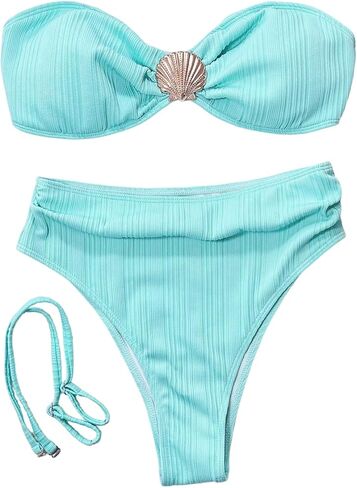 Floerns Women's 2 Piece Bikini Set Strapless Shell Bandeau Swimsuit High Waisted Bathing Suit in Saudi Arabia