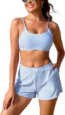 SHEKINI Womens Swimwear with Shorts Cute Striped Bikini Sets Two Piece Swimsuits in Saudi Arabia