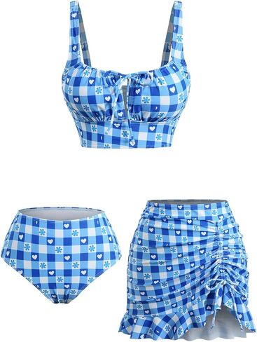 DRESSFO Womens Retro Bikini Sets 3 Piece Vintage Plaid Flower Heart Printed High Waisted Tankini Swimsuits Bathing Suit in Kuwait