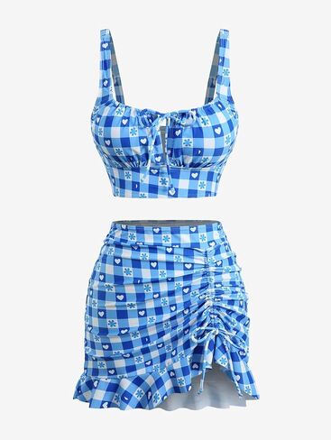 DRESSFO Womens Retro Bikini Sets 3 Piece Vintage Plaid Flower Heart Printed High Waisted Tankini Swimsuits Bathing Suit in Saudi Arabia