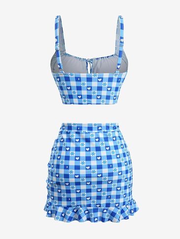 DRESSFO Womens Retro Bikini Sets 3 Piece Vintage Plaid Flower Heart Printed High Waisted Tankini Swimsuits Bathing Suit in Saudi Arabia