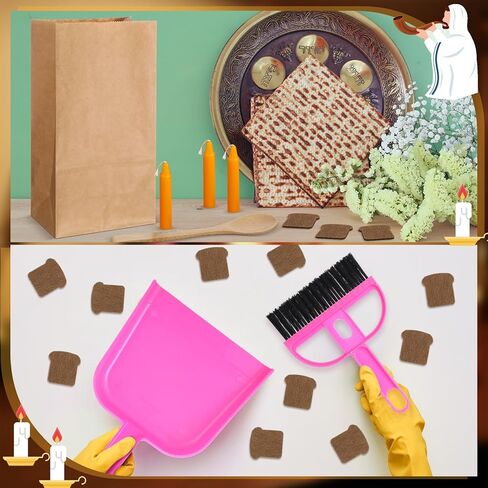 Passover Peasach Bedikas Chometz Set Include Feather Spoon Kraft Brown Paper Bags Felt Bread Candle Broom Dustpan for Passover Seder Festival Holiday Party Decoration Present in Saudi Arabia