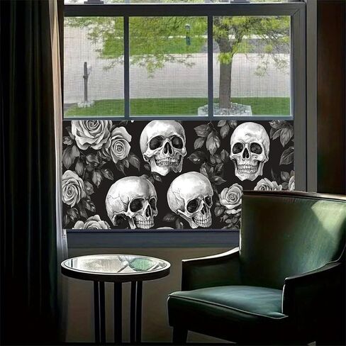 فيلم نافذة قوس قزح للهالوين، جمجمة وردية مزخرفة للنافذة، قشر وعصا، ملصق ثابت قابل للإزالة مضاد للأشعة فوق البنفسجية للخصوصية لديكور المنزل in Kuwait