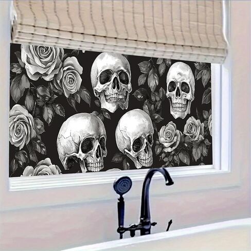فيلم نافذة قوس قزح للهالوين، جمجمة وردية مزخرفة للنافذة، قشر وعصا، ملصق ثابت قابل للإزالة مضاد للأشعة فوق البنفسجية للخصوصية لديكور المنزل in Kuwait