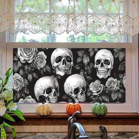 فيلم نافذة قوس قزح للهالوين، جمجمة وردية مزخرفة للنافذة، قشر وعصا، ملصق ثابت قابل للإزالة مضاد للأشعة فوق البنفسجية للخصوصية لديكور المنزل in Kuwait