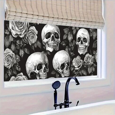 فيلم نافذة قوس قزح للهالوين، جمجمة وردية مزخرفة للنافذة، قشر وعصا، ملصق ثابت قابل للإزالة مضاد للأشعة فوق البنفسجية للخصوصية لديكور المنزل in Kuwait