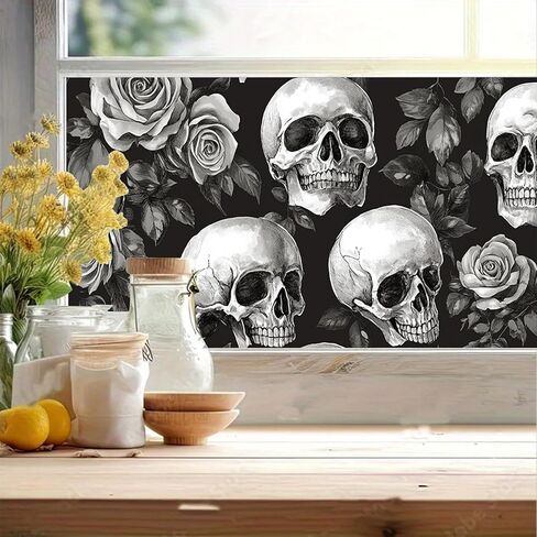 فيلم نافذة قوس قزح للهالوين، جمجمة وردية مزخرفة للنافذة، قشر وعصا، ملصق ثابت قابل للإزالة مضاد للأشعة فوق البنفسجية للخصوصية لديكور المنزل in Kuwait
