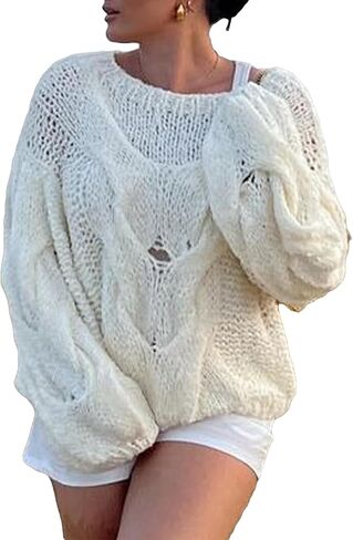 Women's Oversized Sweater Long Sleeve Pullover Sweaters Crewneck Loose Knit Jumper Top in Kuwait