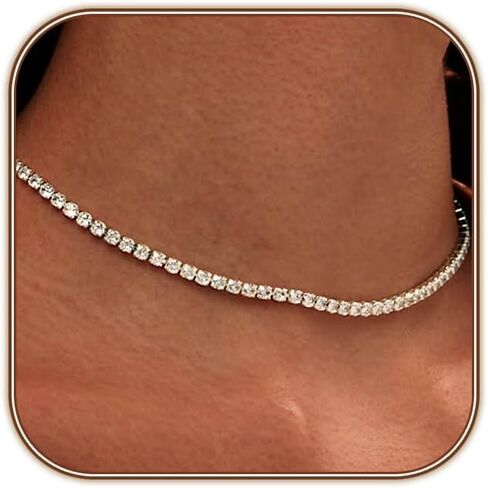 Tennis Necklace for Women 14K Gold Plated or Silver Rhinestone Choker Necklaces Dainty Zirconia Cut Faux Diamond chain 3mm in Kuwait