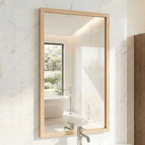 24"x36" Natural Wood Tone Wall Mirror for Over Sink, Lightweight Boho Bathroom Vanity Mirror, Scandi Faux Wood Texture Decor Mirror for Entryway, Vertical/Horizontal in Saudi Arabia