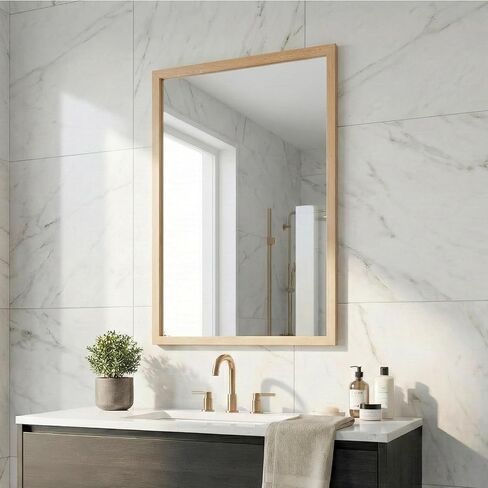 24"x36" Natural Wood Tone Wall Mirror for Over Sink, Lightweight Boho Bathroom Vanity Mirror, Scandi Faux Wood Texture Decor Mirror for Entryway, Vertical/Horizontal in Saudi Arabia