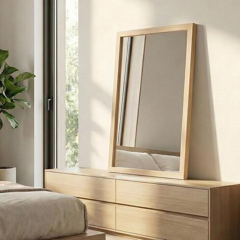24"x36" Natural Wood Tone Wall Mirror for Over Sink, Lightweight Boho Bathroom Vanity Mirror, Scandi Faux Wood Texture Decor Mirror for Entryway, Vertical/Horizontal in Saudi Arabia