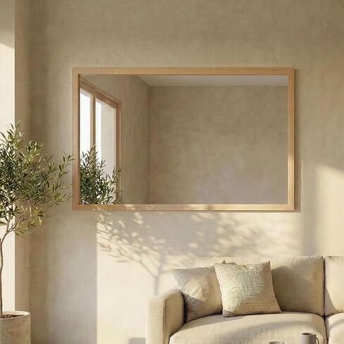 24"x36" Natural Wood Tone Wall Mirror for Over Sink, Lightweight Boho Bathroom Vanity Mirror, Scandi Faux Wood Texture Decor Mirror for Entryway, Vertical/Horizontal in Saudi Arabia