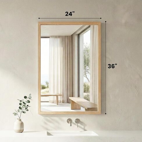 24"x36" Natural Wood Tone Wall Mirror for Over Sink, Lightweight Boho Bathroom Vanity Mirror, Scandi Faux Wood Texture Decor Mirror for Entryway, Vertical/Horizontal in Saudi Arabia