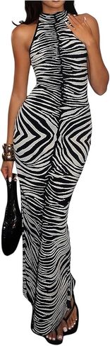 Women's Zebra Striped Halter Maxi Dress Open Back Mock Neck Bodycon Formal Evening Party Cocktail Dresses in Saudi Arabia