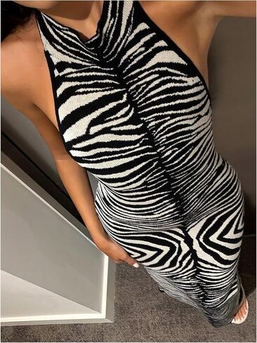 Women's Zebra Striped Halter Maxi Dress Open Back Mock Neck Bodycon Formal Evening Party Cocktail Dresses in Saudi Arabia