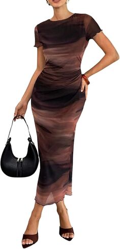 Women Tie Dye Sheer Mesh Long Dress Short Sleeve Bodycon Ruched Cocktail Club Party Dresses in Saudi Arabia