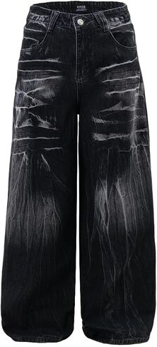 jupkem Y2K Baggy Jeans for Men Women Wide Leg Distressed Pattern Aesthetic Denim Pants Punk Gothic Hip Hop Streetwear in Saudi Arabia