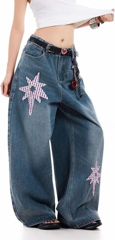 بنطال جينز نسائي واسع الساق Y2K Retro Streetwear من قماش الدنيم الفضفاض للغاية مع رقعة على شكل نجمة in Saudi Arabia