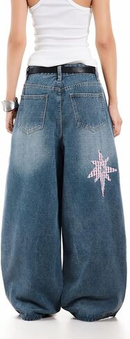 بنطال جينز نسائي واسع الساق Y2K Retro Streetwear من قماش الدنيم الفضفاض للغاية مع رقعة على شكل نجمة in Saudi Arabia
