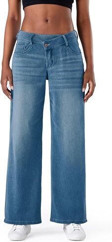 Fanica Women's Low Rise Wide Leg Jeans, Crossover Waist Stretchy Relaxed Fit Denim Pants in Saudi Arabia