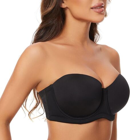 sheroine Strapless Push up Plus Size Lightly Lined Bra Underwire Multiway Full Coverage Padded Large Breasts Bras(Black,42DDD) in Kuwait