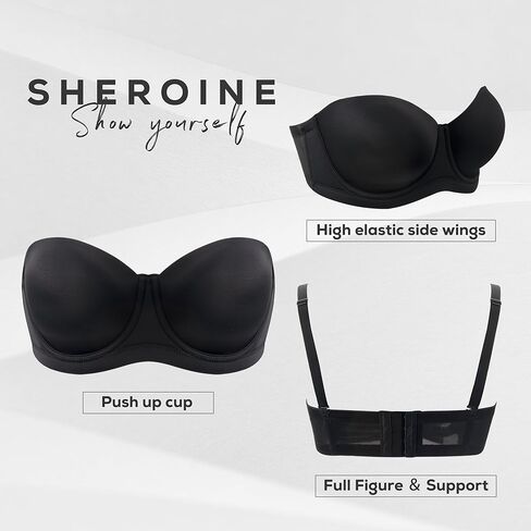 sheroine Strapless Push up Plus Size Lightly Lined Bra Underwire Multiway Full Coverage Padded Large Breasts Bras(Black,42DDD) in Kuwait