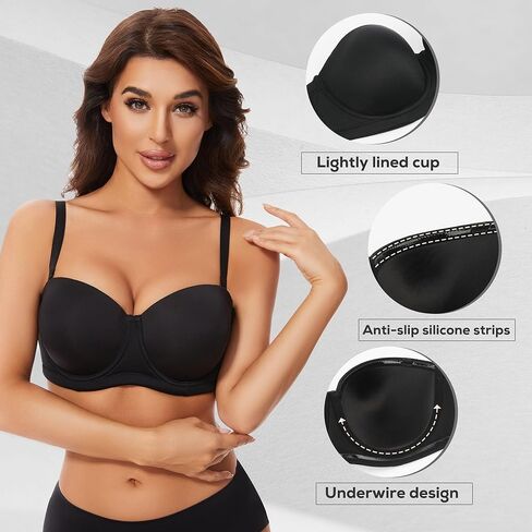 sheroine Strapless Push up Plus Size Lightly Lined Bra Underwire Multiway Full Coverage Padded Large Breasts Bras(Black,42DDD) in Kuwait