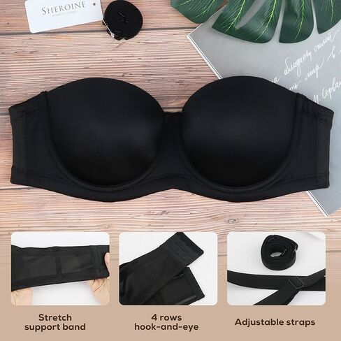 sheroine Strapless Push up Plus Size Lightly Lined Bra Underwire Multiway Full Coverage Padded Large Breasts Bras(Black,42DDD) in Kuwait