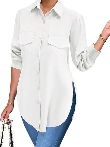 Women's Casual Decorative Pocket Side Slit Long Sleeved Shirt in Kuwait