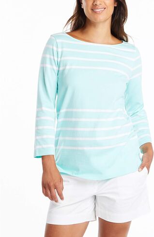 Nautica Women's Solids and Stripes Boatneck 3/4 Sleeve 100% Cotton Shirt Shirt, Aruba Blue, XX-Large in Saudi Arabia
