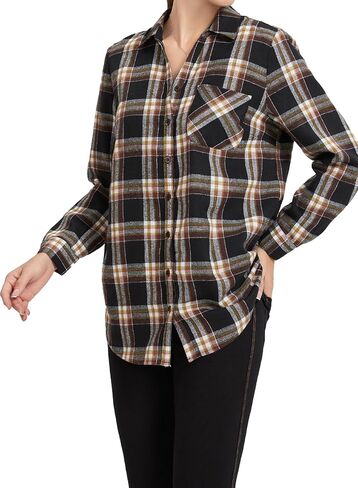 قميص نسائي من KYAL منقوش بأزرار سفلية وأكمام طويلة وفضفاضة من الفلانيل مع جيوب أمامية، ملابس مكتب كاجوال للربيع والخريف in Kuwait