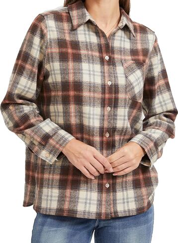 KYAL Women's Plaid Button-Down Shirt Long Sleeve Loose Fit Flannel Top with Front Pockets, Spring Autumn Casual Office Wear in Saudi Arabia