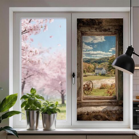 Frosted Window Film 39.37 x 17.32 Inch Countryside Landscape Static Cling Privacy Decorative Glass Cover for Home Office Bathroom or Door Panels in Saudi Arabia