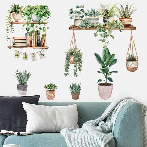 Spring Hanging Potted Plants and Shelves Window Clings, Botanical Cactus Green Plant Wall Decals, Removable Wall Stickers, Botanical Home Decor in Saudi Arabia