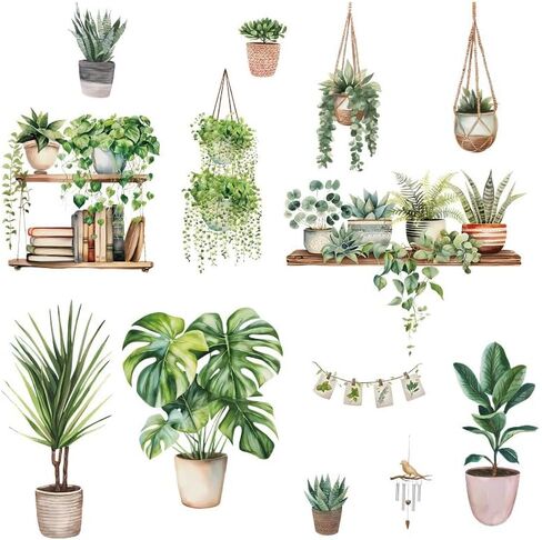 Spring Hanging Potted Plants and Shelves Window Clings, Botanical Cactus Green Plant Wall Decals, Removable Wall Stickers, Botanical Home Decor in Saudi Arabia
