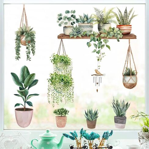 Spring Hanging Potted Plants and Shelves Window Clings, Botanical Cactus Green Plant Wall Decals, Removable Wall Stickers, Botanical Home Decor in Saudi Arabia